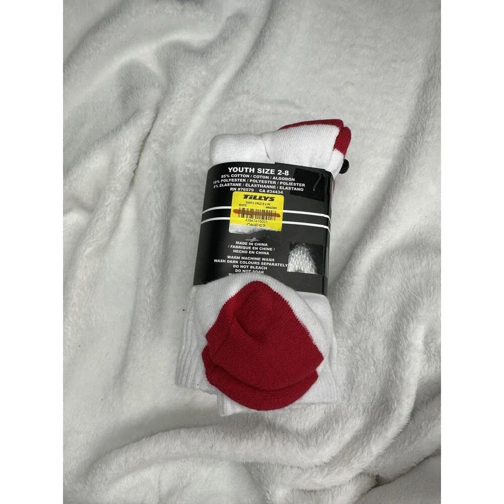 Santa Cruz Socks Youth One Size White Red Logo Crew Skateboard Skateboarding